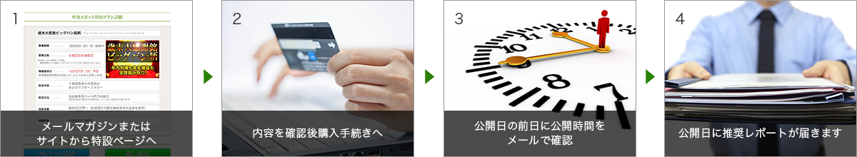 1.メールマガジンまたはサイトから特設ページへ 2.内容を確認後購入手続きへ 3.公開日の前日に公開時間をメールで確認 4.公開日に推奨レポートが届きます