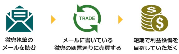 ・届いたプレミアムメールを読む・メールに書いているアドバイス通りに売買する・短期で大幅利益を目指していただく