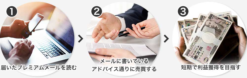 ・届いたプレミアムメールを読む・メールに書いているアドバイス通りに売買する・短期で大幅利益を目指していただく